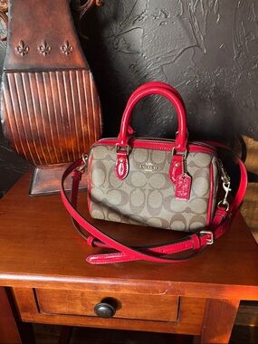 Coach Mini Rowan Satchel in Signature Canvas. EUC Khaki/Electric Red